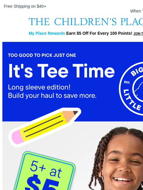 childrensplace newsletter: Long-Sleeve Tees for School: 5+ at $5 each!