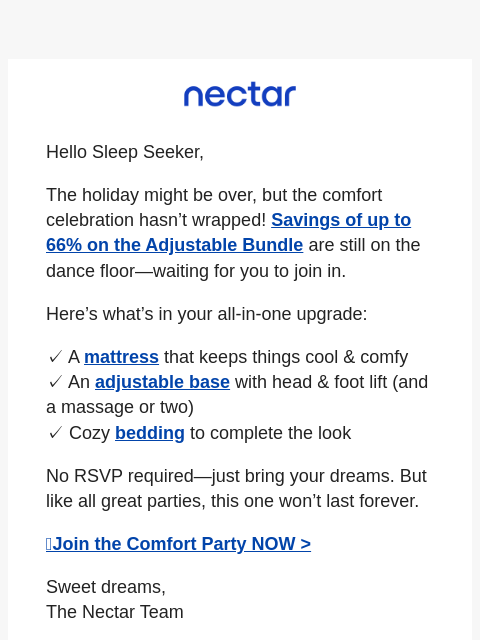nectarsleep newsletter: Late to the Party? Perfect Timing 🎉...