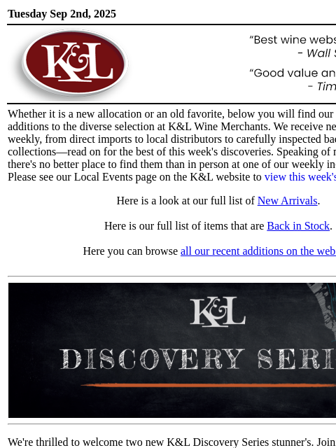 klwines newsletter: The Latest from K&L: New Adds and Back In Stock