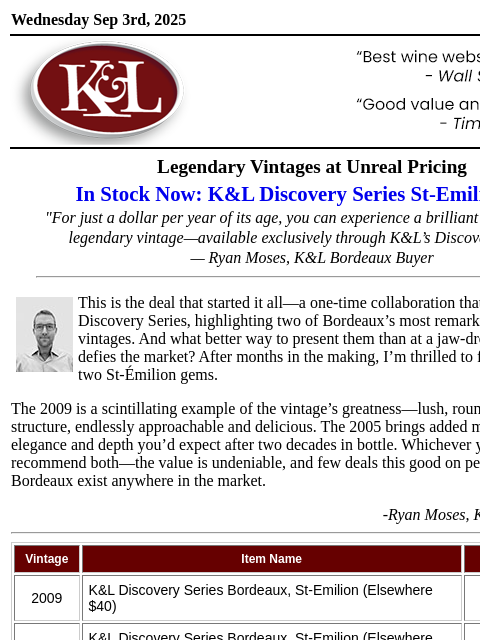 klwines newsletter: 2005 and 2009 Bordeaux Excluisves for Under $20