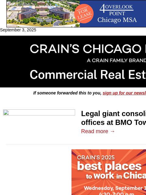 crainalerts newsletter: Legal giant consolidates its offices at BMO Tower