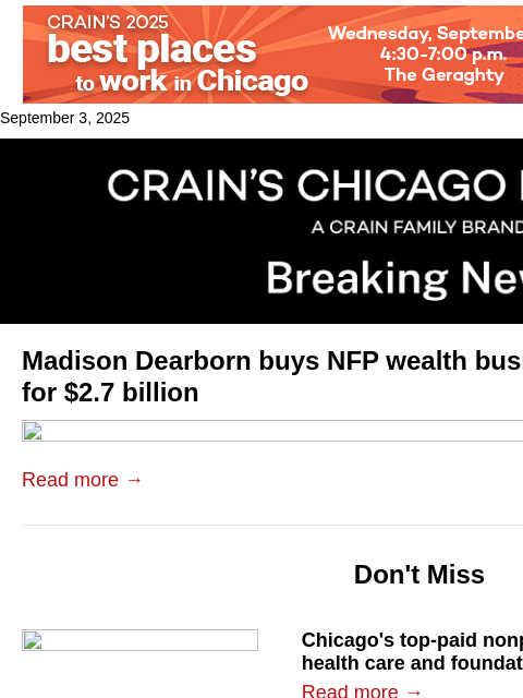 crainalerts newsletter: Madison Dearborn buys NFP wealth businesses back f...