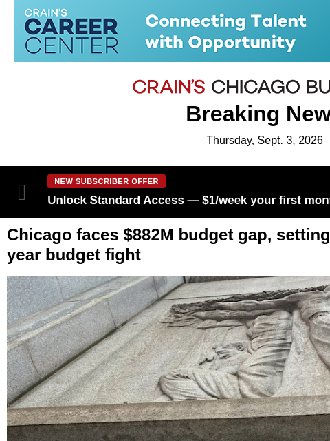 crainalerts newsletter: Another grim budget forecast for Chicago: an $882M...
