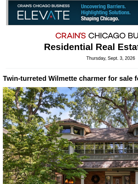 crainalerts newsletter: Twin-turreted Wilmette charmer for sale