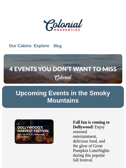 colonialproperties newsletter: 4 Smoky Mountain Events to Put on Your Calendar