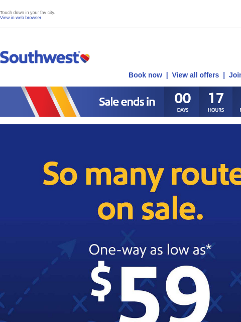 southwest newsletter: 🏈 Final day: Don’t pass on $59 sale fares. 🏈