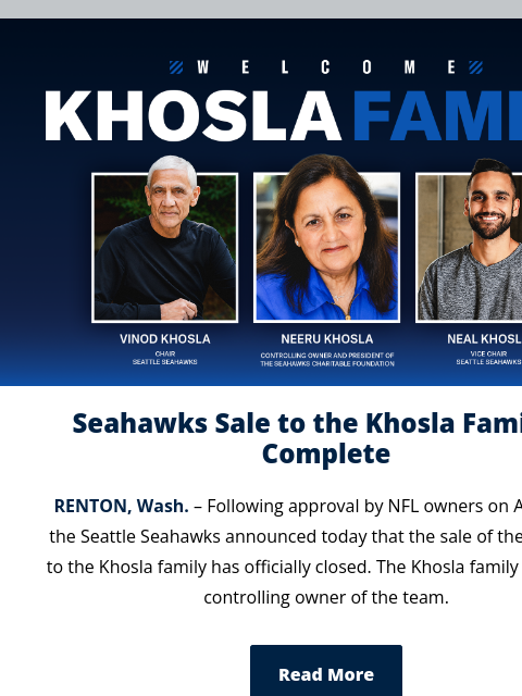 seahawksemail newsletter: Seahawks Sale to the Khosla Family is Complete