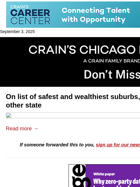 crainalerts newsletter: 12 Chicago suburbs rank among safest, wealthiest