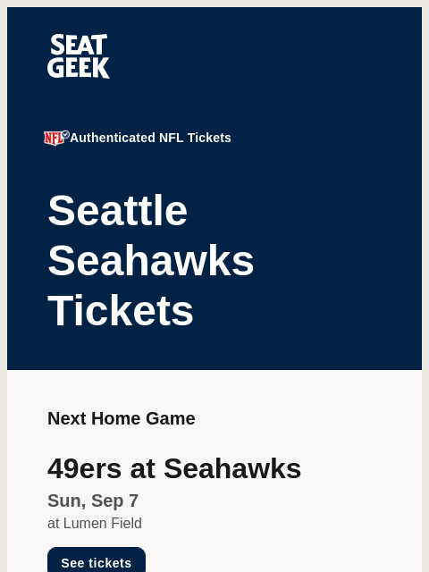seatgeek newsletter: Seahawks vs 49ers