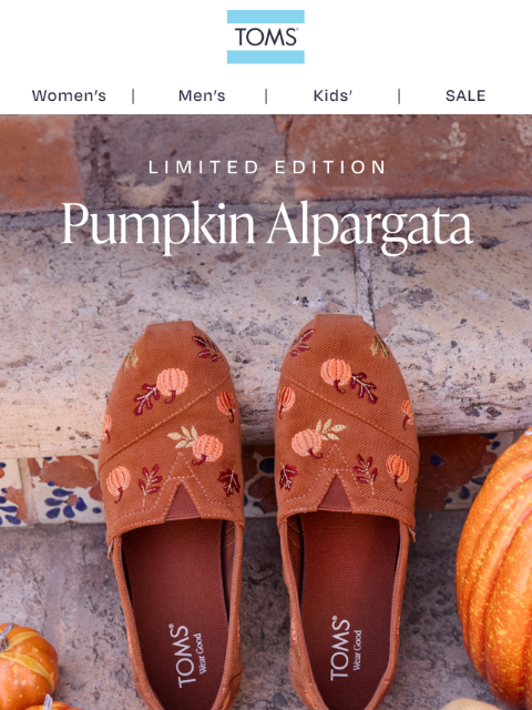 toms newsletter: The Pumpkin Spice Latte—In Shoe Form