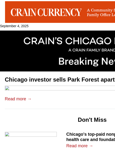crainalerts newsletter: Chicago investor sells Park Forest apartments
