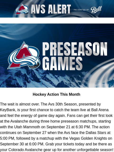 thecoloradoavalanche newsletter: 🏔️Preseason Hockey Hits Ball Arena This Month