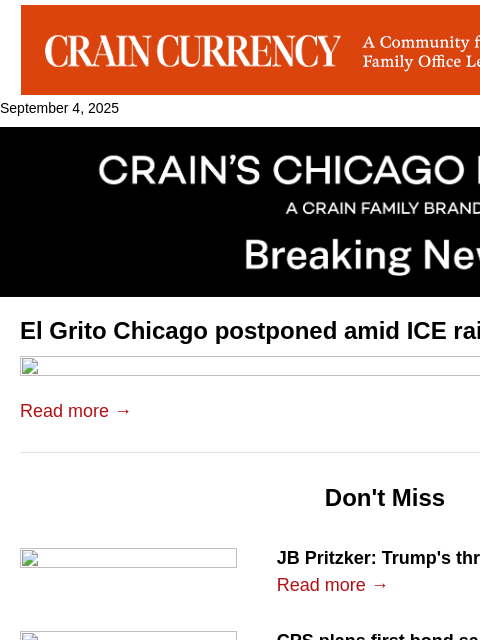 crainalerts newsletter: El Grito Chicago postponed amid ICE raid concerns