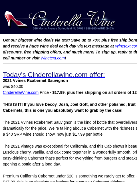 winelibrary newsletter: 2021 Vvines Rcabernet Sauvignon. Free Ship on 12