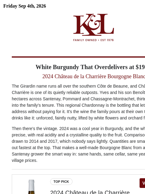 klwines newsletter: One of Our Most Popular Direct Imports, $19.99 Whi...