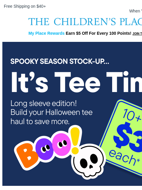 childrensplace newsletter: Long-Sleeve Tees for Halloween: 10+ at $3 each!
