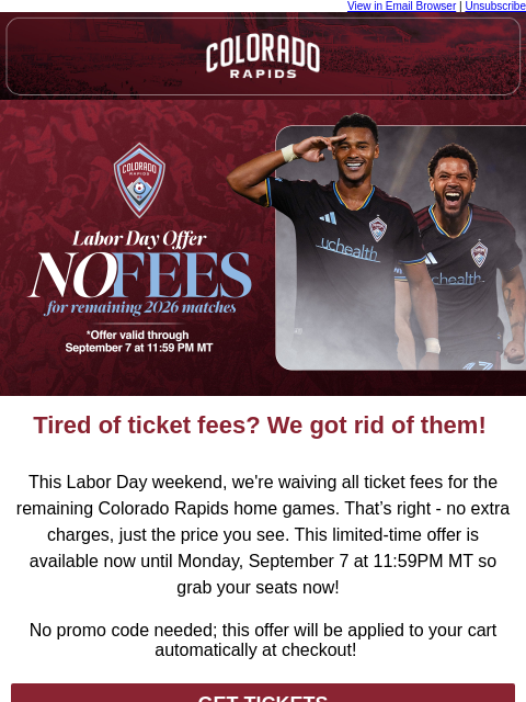 thecoloradorapids newsletter: Colorado Rapids Tickets Are Now FEE FREE!