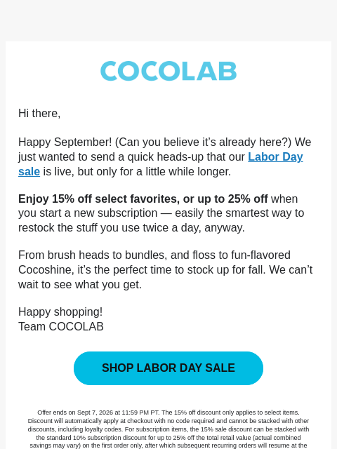 cocolab newsletter: Final Days: Labor Day Sale ends soon.