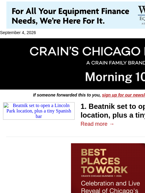 crainalerts newsletter: Restaurant group bets on Lincoln Park