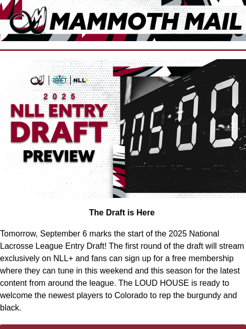 thecoloradomammoth newsletter: 🦣NLL Draft Starts Tomorrow!