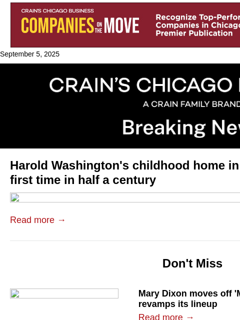 crainalerts newsletter: Harold Washington's childhood home sold