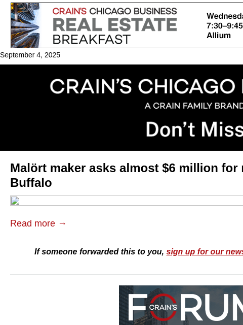 crainalerts newsletter: Malört maker selling riverfront New Buffalo home