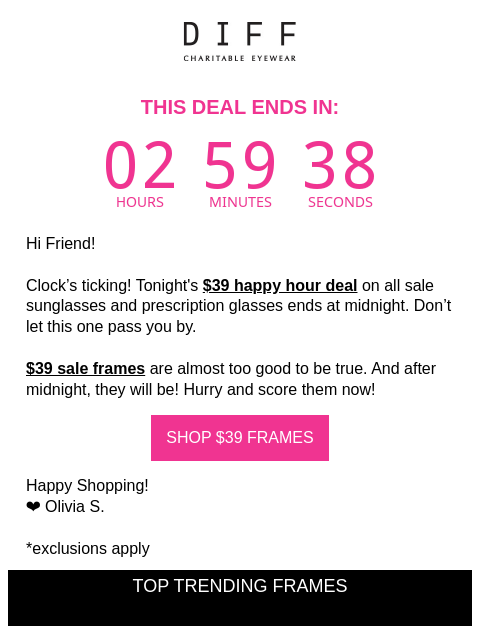 diffeyewear newsletter: Last Call: $39 Frames 😱