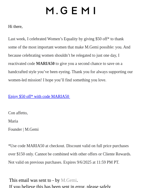mgemi newsletter: From Me to You: $50 Off