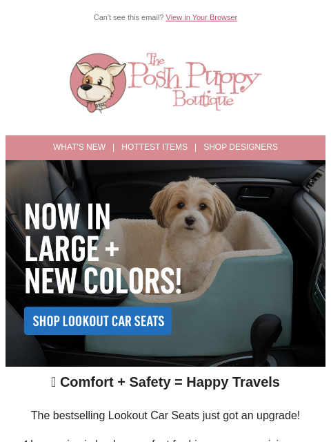 poshpuppyboutique newsletter: 🚗✨ Back in Stock: Large Lookout Car Seats + New C...