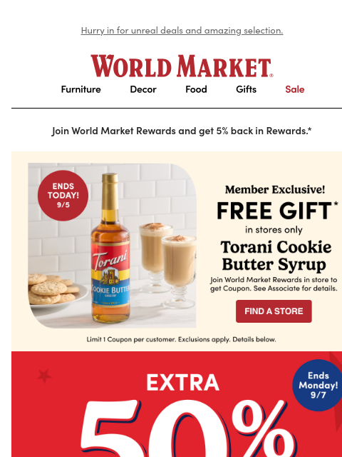 emailworldmarket newsletter: ⚡ 🥳 💝 EXTRA 50% off Clearance + FREE Gift