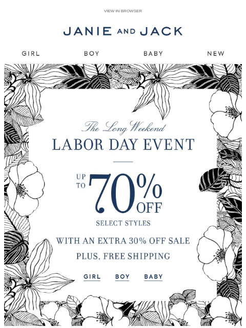 janieandjack newsletter: Free shipping + up to 70% off for the long weekend