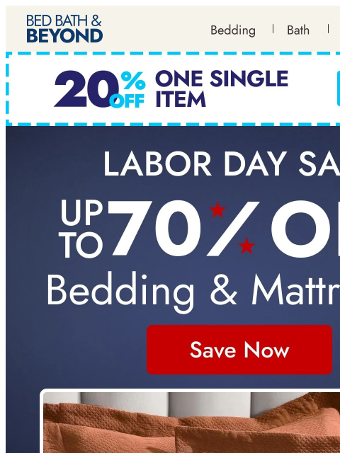 bedbathandbeyond newsletter: Labor Day bedding deals up to 75% off 💤