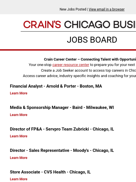 crainpartners newsletter: New jobs posted: Financial Analyst - Arnold & Port...