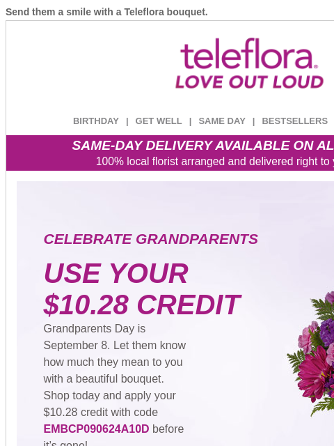 Send them a smile with a Teleflora bouquet. View in browser ‌ teleflora BIRTHDAY | GET WELL | SAME DAY | BESTSELLERS | DEAL OF THE DAY SAME-DAY DELIVERY AVAILABLE ON ALL BOUQUETS! 100% local florist