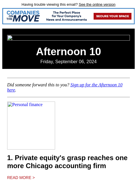 Having trouble viewing this email? See the online version Afternoon 10 Friday, September 06, 2024 Did someone forward this to you? Sign up for the Afternoon 10 here. Personal finance 1. Private