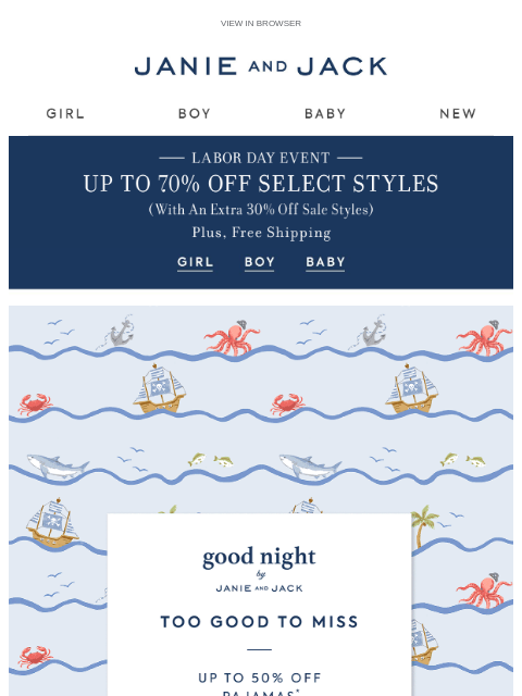 janieandjack newsletter: Free shipping & up to 50% off PJs