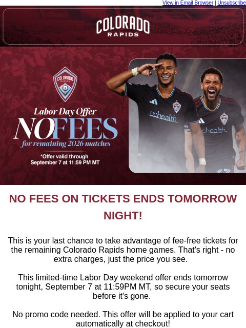 thecoloradorapids newsletter: Last Chance – Labor Day Fee Free Ticket Sale
