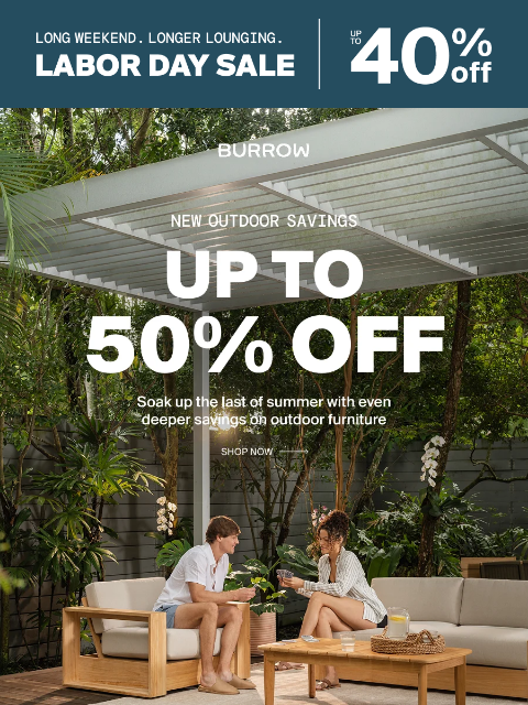 burrow newsletter: 50% off all outdoor until Tuesday