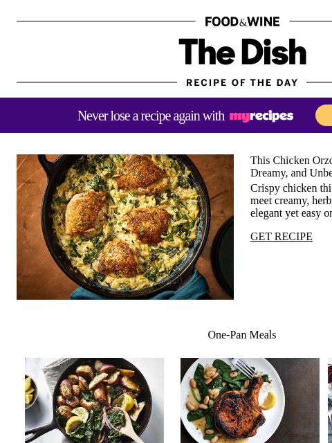 foodandwine newsletter: One-Pan Creamy Chicken Orzo
