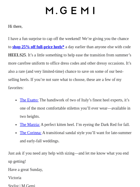 mgemi newsletter: Psst… Heels Are 25% Off!