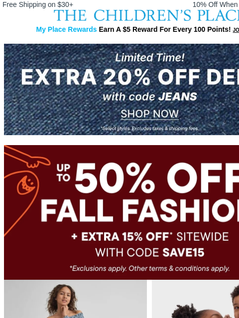childrensplace newsletter: Shop Extra 20% Off Denim NOW ⬇️