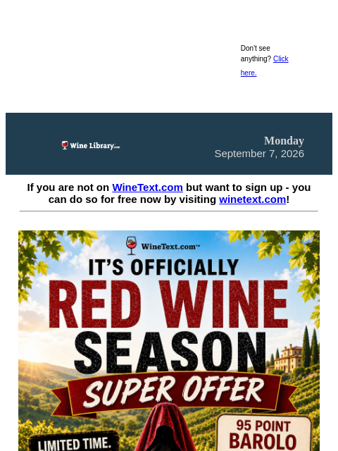 winelibrary newsletter: It’s tomorrow! Our "It's Officially Red Wine Seaso...