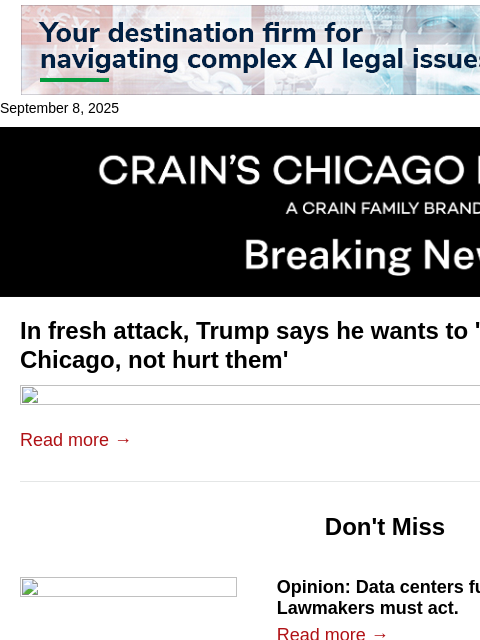 crainalerts newsletter: Trump calls out Chicago violence in new attack