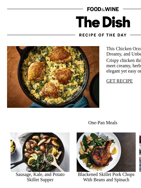 foodandwine newsletter: One-Pan Creamy Chicken Orzo