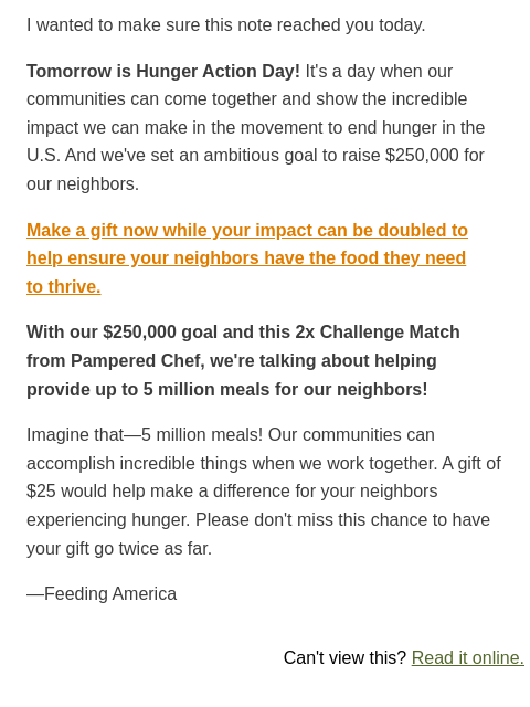 feedingamerica newsletter: Sneak peak: Hunger Action Day 2x Challenge Match