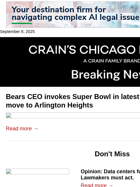 crainalerts newsletter: Bears CEO steps up Arlington Heights push