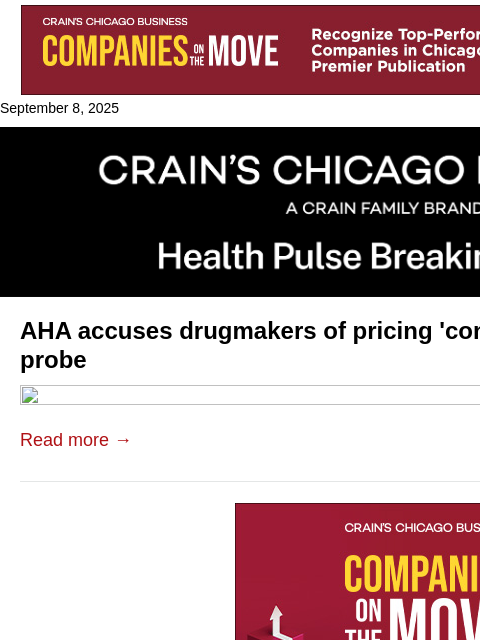 crainalerts newsletter: AHA accuses drugmakers of 340B 'conspiracy'