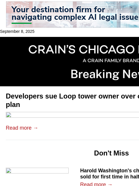 crainalerts newsletter: Developers sue Loop tower owner