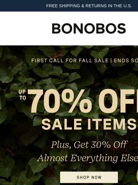 bonobos newsletter: Ends Soon: Up to 70% Off Sale | 30% Off Almost Eve...