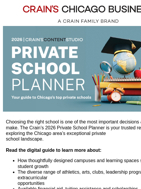 crainpartners newsletter: Explore Chicago’s top private schools
